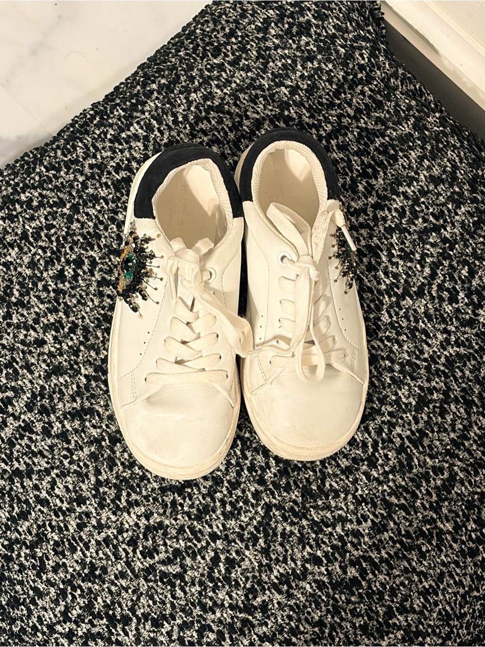 Kurt Geiger White Lace-Up Sneakers with Black Heel and Beaded Accent